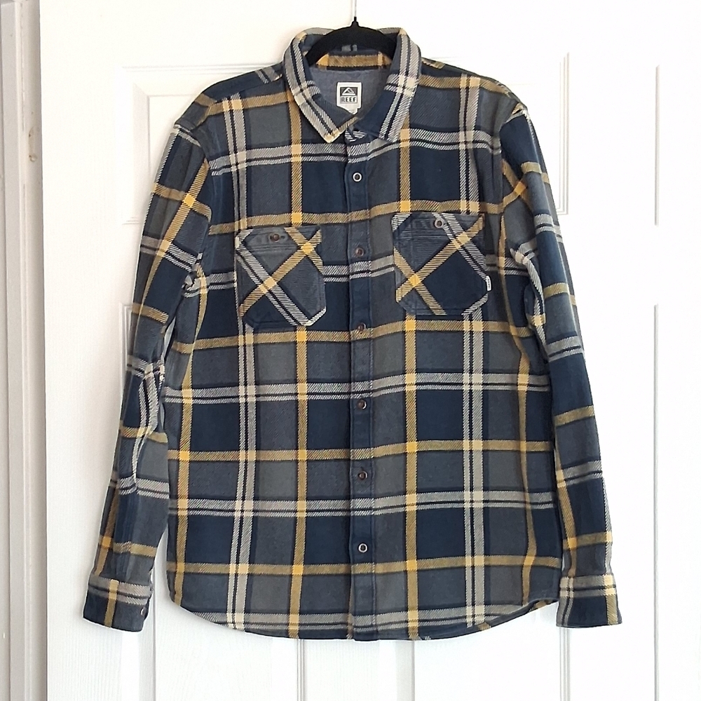 Reef Navy Blue Yellow Plaid Button Up Shacket